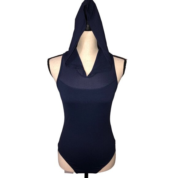 Giaim Hooded Mesh Bodysuit Navy Blue S XS Sleeveless Active Workout Sheer Cool - Picture 1 of 10